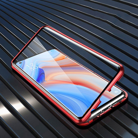 Coque Rebord Bumper Luxe Aluminum Metal Miroir 360 Degres Housse Etui Aimant T02 pour Oppo Reno4 5G Rouge