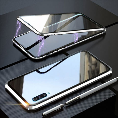 Coque Rebord Bumper Luxe Aluminum Metal Miroir 360 Degres Housse Etui Aimant T02 pour Samsung Galaxy A70 Argent