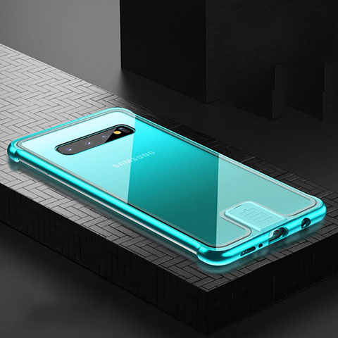 Coque Rebord Bumper Luxe Aluminum Metal Miroir 360 Degres Housse Etui Aimant T02 pour Samsung Galaxy S10 5G Cyan