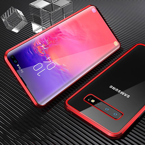 Coque Rebord Bumper Luxe Aluminum Metal Miroir 360 Degres Housse Etui Aimant T02 pour Samsung Galaxy S10 Plus Rouge