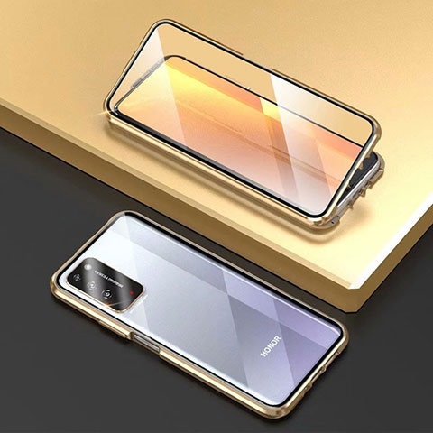 Coque Rebord Bumper Luxe Aluminum Metal Miroir 360 Degres Housse Etui Aimant T03 pour Huawei Honor X10 5G Or