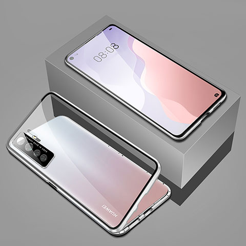 Coque Rebord Bumper Luxe Aluminum Metal Miroir 360 Degres Housse Etui Aimant T03 pour Huawei P40 Lite 5G Argent