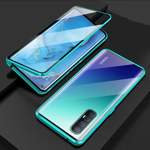 Coque Rebord Bumper Luxe Aluminum Metal Miroir 360 Degres Housse Etui Aimant T03 pour Oppo Reno3 Pro Cyan