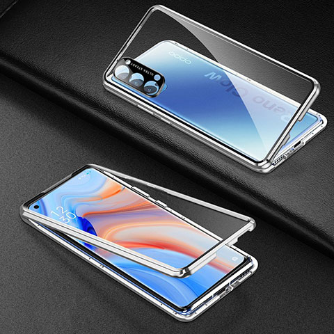 Coque Rebord Bumper Luxe Aluminum Metal Miroir 360 Degres Housse Etui Aimant T03 pour Oppo Reno4 5G Argent