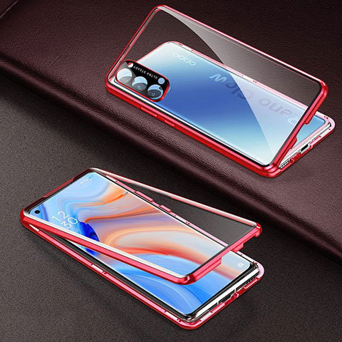 Coque Rebord Bumper Luxe Aluminum Metal Miroir 360 Degres Housse Etui Aimant T03 pour Oppo Reno4 Pro 5G Rouge