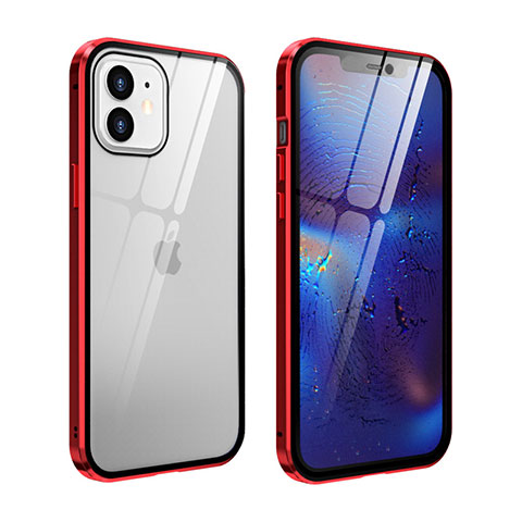 Coque Rebord Bumper Luxe Aluminum Metal Miroir 360 Degres Housse Etui Aimant T04 pour Apple iPhone 12 Mini Rouge