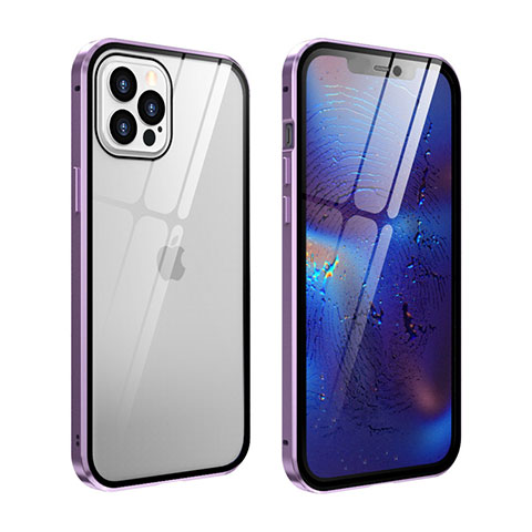 Coque Rebord Bumper Luxe Aluminum Metal Miroir 360 Degres Housse Etui Aimant T04 pour Apple iPhone 12 Pro Max Violet Clair