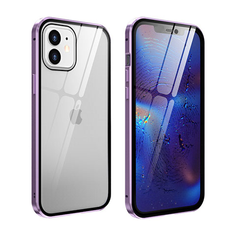 Coque Rebord Bumper Luxe Aluminum Metal Miroir 360 Degres Housse Etui Aimant T04 pour Apple iPhone 12 Violet Clair