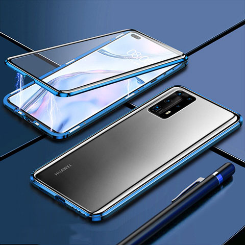 Coque Rebord Bumper Luxe Aluminum Metal Miroir 360 Degres Housse Etui Aimant T04 pour Huawei P40 Pro+ Plus Bleu