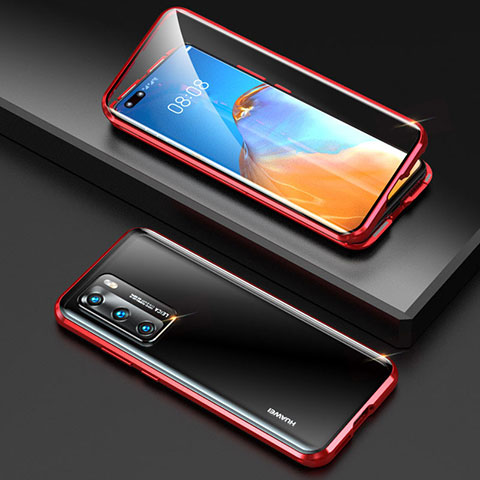 Coque Rebord Bumper Luxe Aluminum Metal Miroir 360 Degres Housse Etui Aimant T04 pour Huawei P40 Rouge