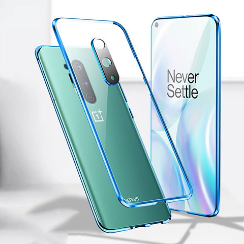 Coque Rebord Bumper Luxe Aluminum Metal Miroir 360 Degres Housse Etui Aimant T04 pour OnePlus 8 Pro Bleu