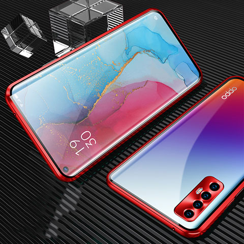 Coque Rebord Bumper Luxe Aluminum Metal Miroir 360 Degres Housse Etui Aimant T04 pour Oppo Find X2 Neo Rouge