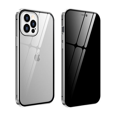 Coque Rebord Bumper Luxe Aluminum Metal Miroir 360 Degres Housse Etui Aimant T05 pour Apple iPhone 12 Pro Argent