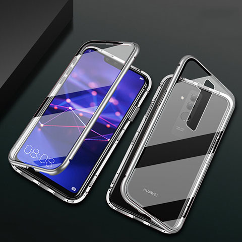 Coque Rebord Bumper Luxe Aluminum Metal Miroir 360 Degres Housse Etui Aimant T05 pour Huawei Mate 20 Lite Argent