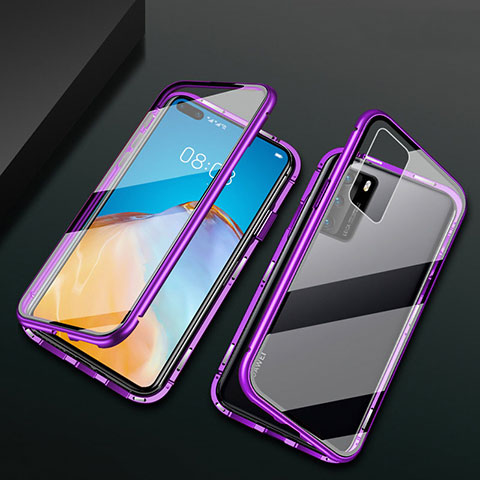 Coque Rebord Bumper Luxe Aluminum Metal Miroir 360 Degres Housse Etui Aimant T05 pour Huawei P40 Violet