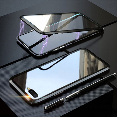 Coque Rebord Bumper Luxe Aluminum Metal Miroir 360 Degres Housse Etui Aimant T05 pour Oppo R17 Neo Noir