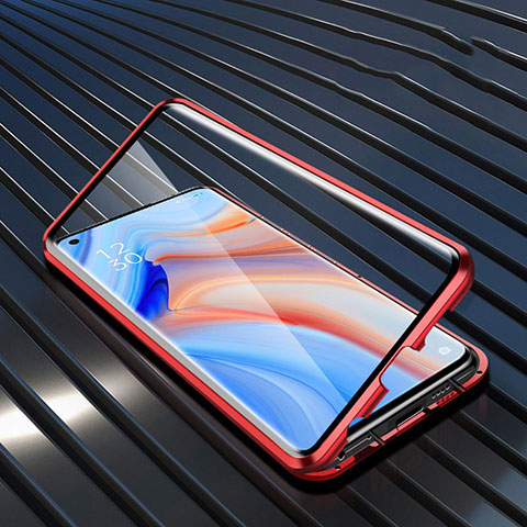 Coque Rebord Bumper Luxe Aluminum Metal Miroir 360 Degres Housse Etui Aimant T05 pour Oppo Reno4 5G Rouge