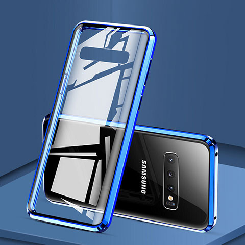 Coque Rebord Bumper Luxe Aluminum Metal Miroir 360 Degres Housse Etui Aimant T05 pour Samsung Galaxy S10 Plus Bleu