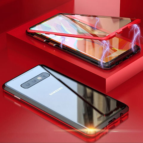 Coque Rebord Bumper Luxe Aluminum Metal Miroir 360 Degres Housse Etui Aimant T05 pour Samsung Galaxy S10 Rouge