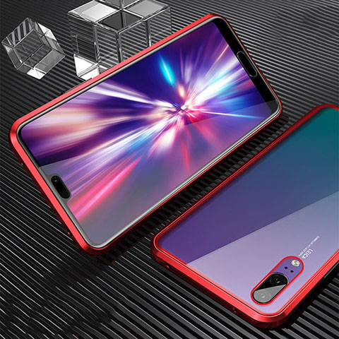 Coque Rebord Bumper Luxe Aluminum Metal Miroir 360 Degres Housse Etui Aimant T06 pour Huawei P20 Rouge