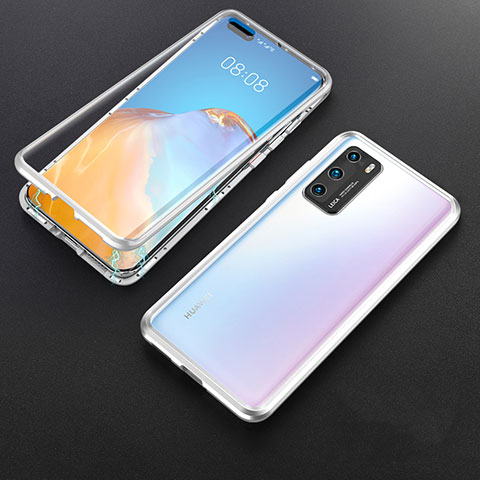 Coque Rebord Bumper Luxe Aluminum Metal Miroir 360 Degres Housse Etui Aimant T06 pour Huawei P40 Argent