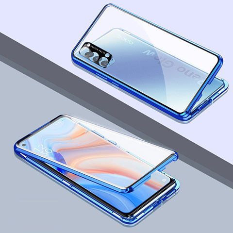 Coque Rebord Bumper Luxe Aluminum Metal Miroir 360 Degres Housse Etui Aimant T06 pour Oppo Reno4 5G Bleu