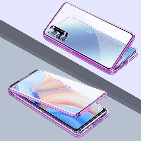 Coque Rebord Bumper Luxe Aluminum Metal Miroir 360 Degres Housse Etui Aimant T06 pour Oppo Reno4 Pro 5G Violet