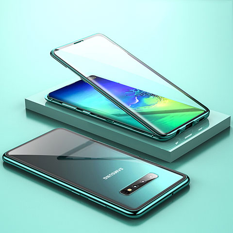 Coque Rebord Bumper Luxe Aluminum Metal Miroir 360 Degres Housse Etui Aimant T06 pour Samsung Galaxy S10 Plus Cyan