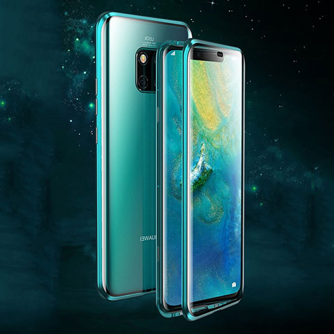 Coque Rebord Bumper Luxe Aluminum Metal Miroir 360 Degres Housse Etui Aimant T07 pour Huawei Mate 20 Pro Cyan