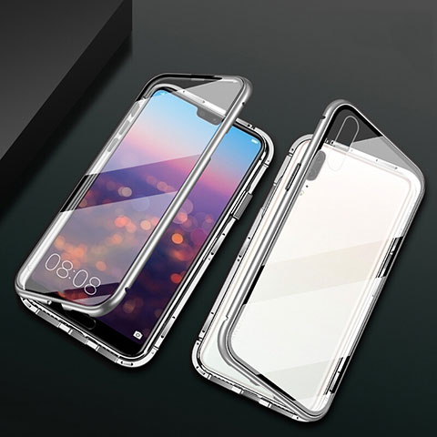 Coque Rebord Bumper Luxe Aluminum Metal Miroir 360 Degres Housse Etui Aimant T07 pour Huawei P20 Argent