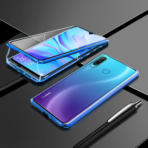 Coque Rebord Bumper Luxe Aluminum Metal Miroir 360 Degres Housse Etui Aimant T07 pour Huawei P30 Lite New Edition Bleu