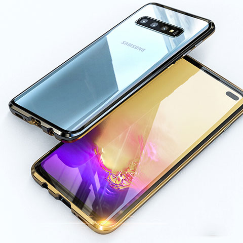 Coque Rebord Bumper Luxe Aluminum Metal Miroir 360 Degres Housse Etui Aimant T07 pour Samsung Galaxy S10 Plus Or et Noir