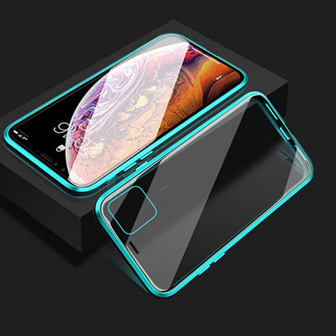 Coque Rebord Bumper Luxe Aluminum Metal Miroir 360 Degres Housse Etui Aimant T08 pour Apple iPhone 11 Cyan