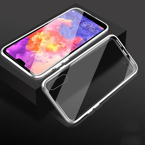 Coque Rebord Bumper Luxe Aluminum Metal Miroir 360 Degres Housse Etui Aimant T08 pour Huawei P20 Argent