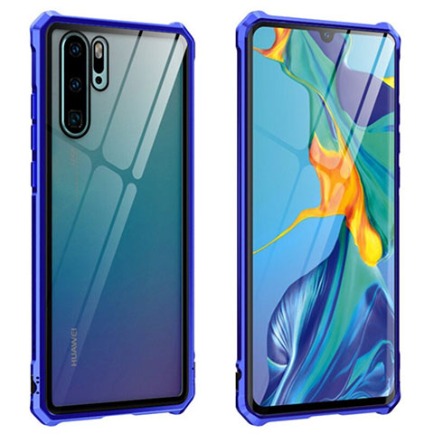 Coque Rebord Bumper Luxe Aluminum Metal Miroir 360 Degres Housse Etui Aimant T08 pour Huawei P30 Pro New Edition Bleu