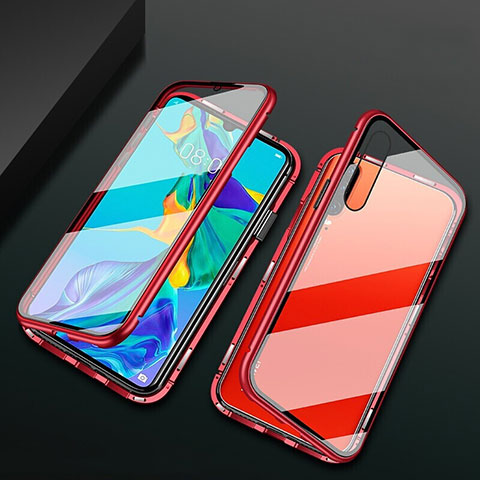 Coque Rebord Bumper Luxe Aluminum Metal Miroir 360 Degres Housse Etui Aimant T08 pour Huawei P30 Rouge