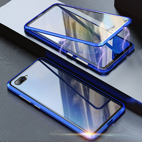 Coque Rebord Bumper Luxe Aluminum Metal Miroir 360 Degres Housse Etui Aimant T08 pour Oppo R17 Neo Bleu