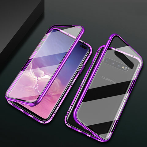 Coque Rebord Bumper Luxe Aluminum Metal Miroir 360 Degres Housse Etui Aimant T08 pour Samsung Galaxy S10 Plus Violet