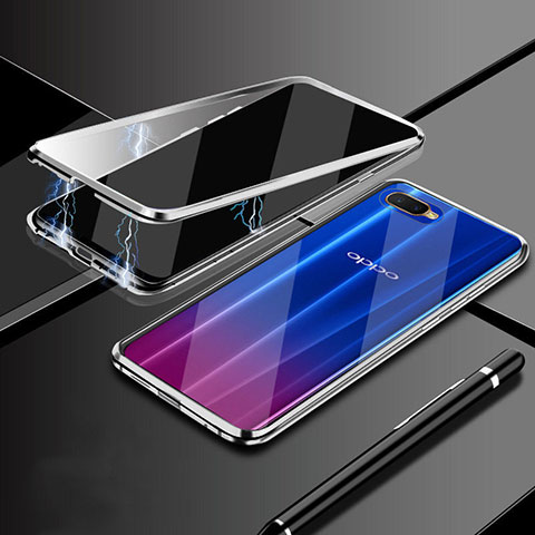 Coque Rebord Bumper Luxe Aluminum Metal Miroir 360 Degres Housse Etui Aimant T09 pour Oppo K1 Argent