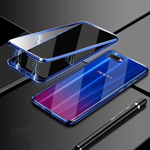 Coque Rebord Bumper Luxe Aluminum Metal Miroir 360 Degres Housse Etui Aimant T09 pour Oppo R15X Bleu