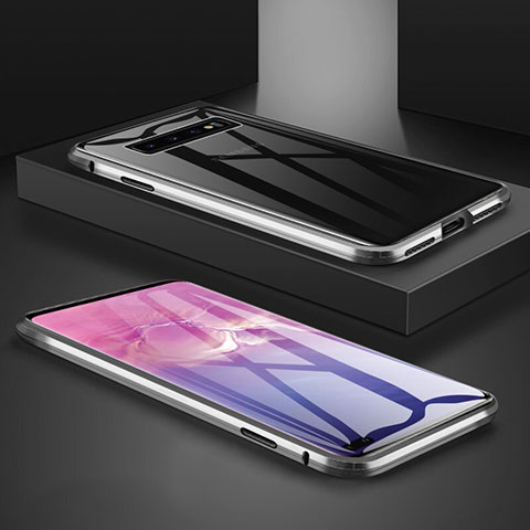 Coque Rebord Bumper Luxe Aluminum Metal Miroir 360 Degres Housse Etui Aimant T09 pour Samsung Galaxy S10 Plus Argent