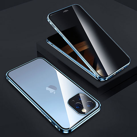 Coque Rebord Bumper Luxe Aluminum Metal Miroir 360 Degres Housse Etui Aimant Z05 pour Apple iPhone 14 Pro Bleu