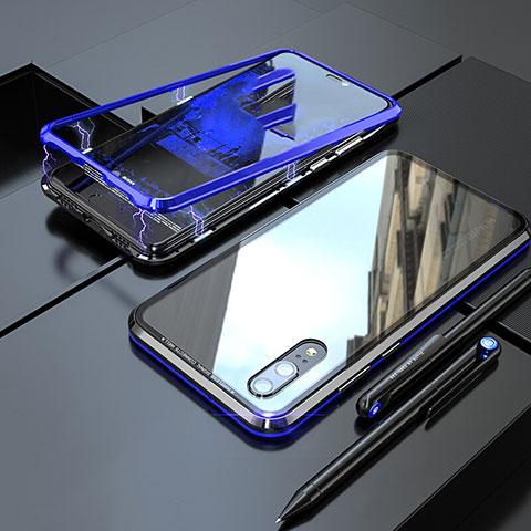 Coque Rebord Bumper Luxe Aluminum Metal Miroir 360 Degres Housse Etui M01 pour Huawei P20 Bleu