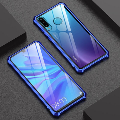 Coque Rebord Bumper Luxe Aluminum Metal Miroir 360 Degres Housse Etui pour Huawei Nova 4e Bleu