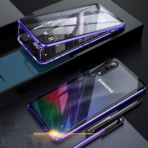 Coque Rebord Bumper Luxe Aluminum Metal Miroir 360 Degres Housse Etui pour Samsung Galaxy A70S Bleu