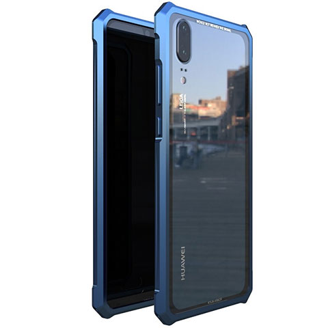 Coque Rebord Bumper Luxe Aluminum Metal Miroir Housse Etui pour Huawei P20 Bleu