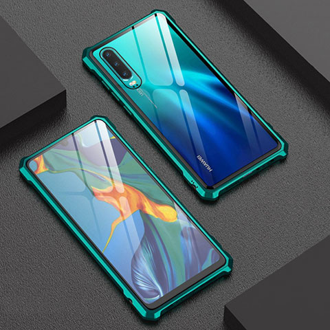 Coque Rebord Bumper Luxe Aluminum Metal Miroir Housse Etui pour Huawei P30 Cyan