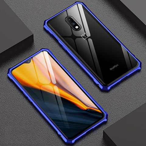 Coque Rebord Bumper Luxe Aluminum Metal Miroir Housse Etui pour OnePlus 7 Bleu