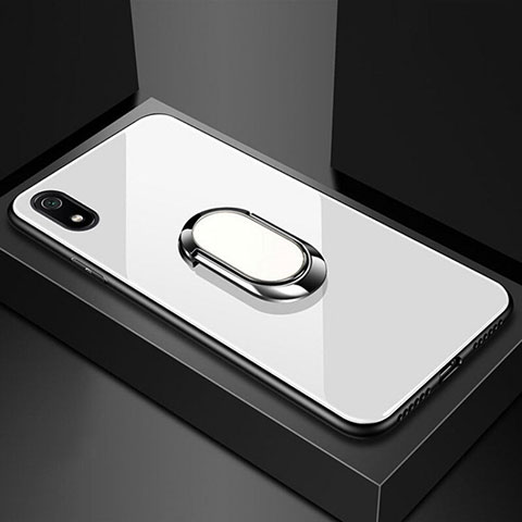 Coque Rebord Contour Silicone et Vitre Miroir Housse Etui avec Support Bague Anneau Magnetique A01 pour Xiaomi Redmi 7A Blanc