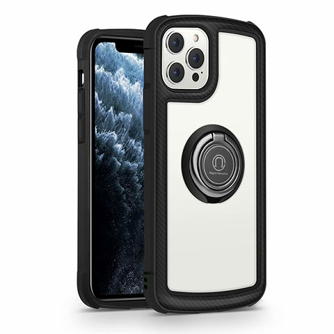 Coque Rebord Contour Silicone et Vitre Miroir Housse Etui avec Support Bague Anneau Magnetique N01 pour Apple iPhone 12 Pro Noir